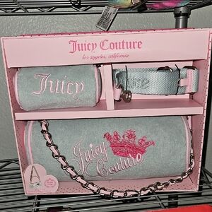 Juicy Couture Light Blue Velvet Crossbody Set with Pink Embroidery